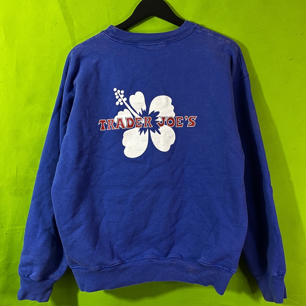 Trader Joe's Hibiscus Logo Crewneck Sweatshirt Blue Mens Medium Graphic Pullover